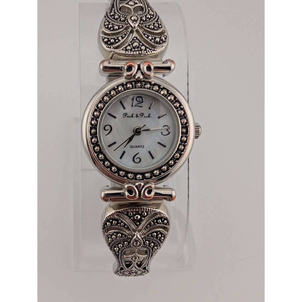 Peck & Peck Silver Marcasite Filigree Bracelet Watch with White Dial